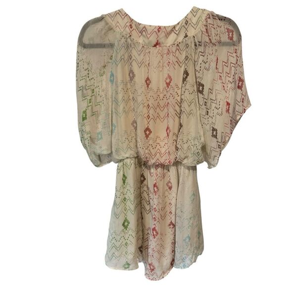 Gypsy 05 Silk Cream Tie-Dye Dolman Sleeve Aztec Boho Tunic Sheer Dress - Picture 4 of 6